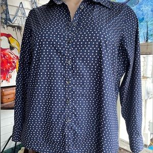 Lands End 22W Button Up Navy Long Sleeve Shirt with Light Pink Small Cir…